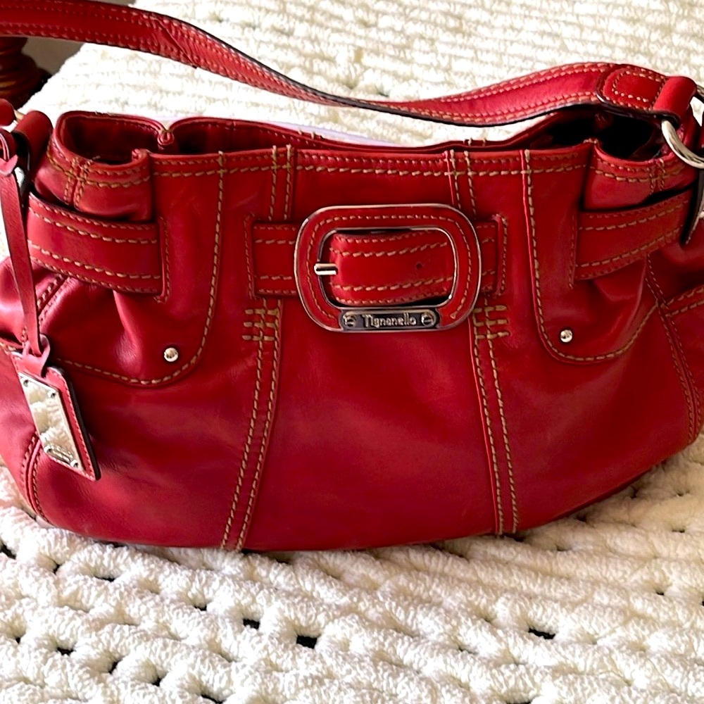Tignanello red ,slight pebble leather, soft, shoulder bag. Very roomy. EUC